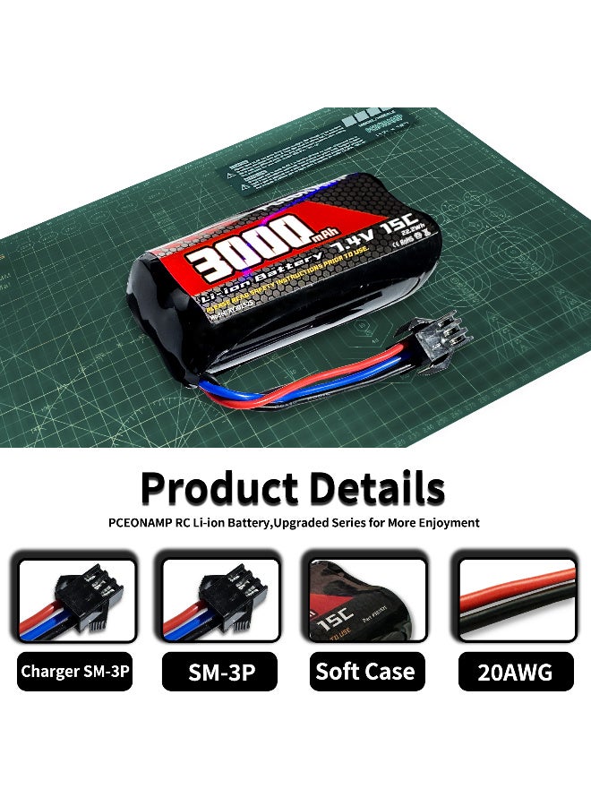 بيسيونأمب 7.4v RC بطارية 3000mAh 2S ليثيوم أيون مع SM-3P بوس قابل للشحن عالية القدرة مناسبة لـ RC خزان RC شاحنة 4WD RC صخرة الزاحف RC بطاريات السيارات مع 2 شاحن USB - Image 3